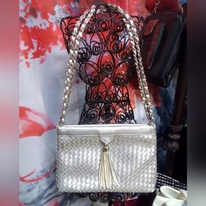 Braided leather shoulder bag w/woven chain strap, NWOT